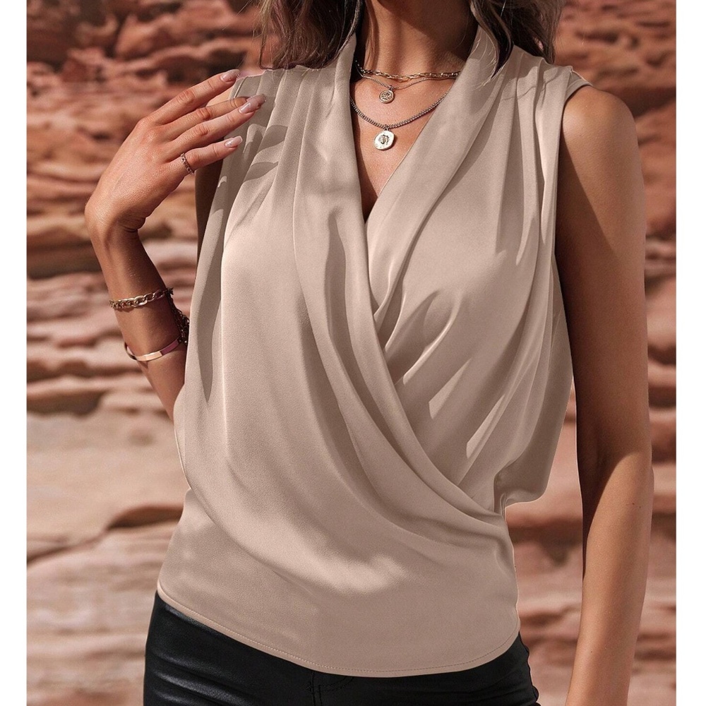 Luxe Satin Overlap Sleeveless Blouse - Picture 3 of 12